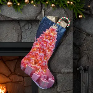 Pink Christmas Stocking with Festive Tree & Gifts
