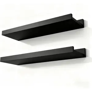 Black Floating Shelves for Wall Decor, Wall Mounted Wood Storage Shelf for Bedroom, Living Room, Bathroom, Kitchen, Nursery, Display Picture Ledge Shelf with Lip Set of 2-14 Inches, Black
