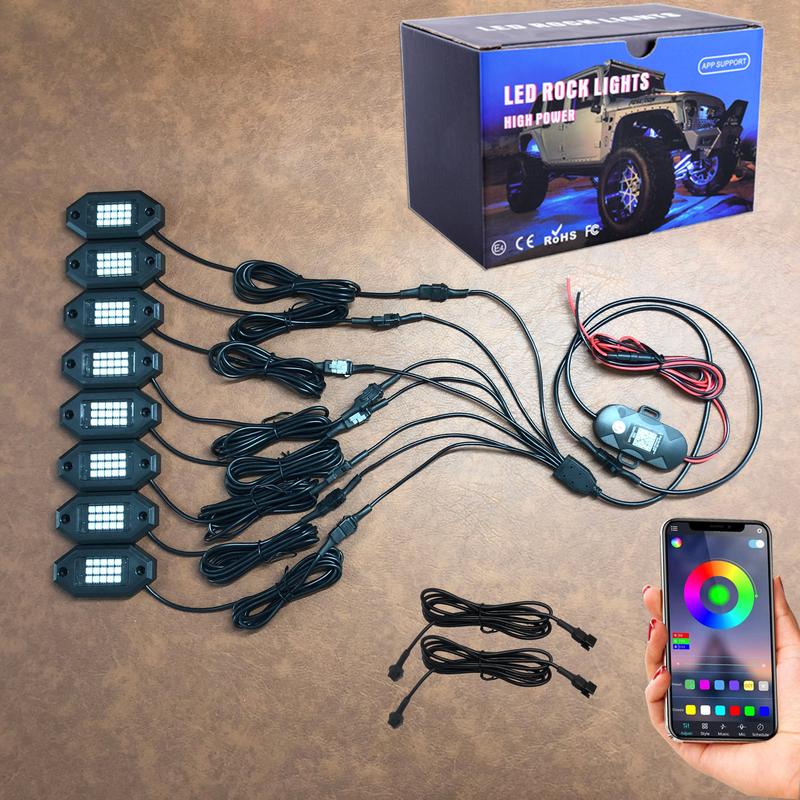 8/10/12pcs RGB LED Rock Lights for Truck Semi Offroad Pickup Trailer Sedan Boat, 12V Waterproof APP Control Music Mode Underglow Neon kit with Extension Wires, Wheel Well Lights