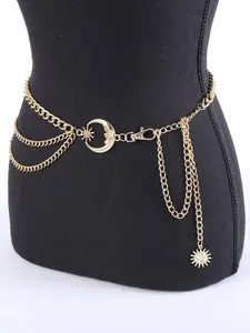 Women's Punk Style Multi-Layer Metal Chain Belt, Moon Crescent Body Chain Accessory, Fashionable Waist Chain Jewelry for Women, African Waist Jewelry