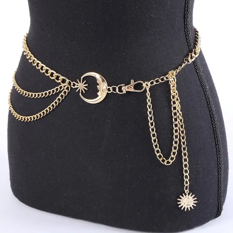 Women's Punk Style Multi-Layer Metal Chain Belt, Moon Crescent Body Chain Accessory, Fashionable Waist Chain Jewelry for Women, African Waist Jewelry, Body Jewellery