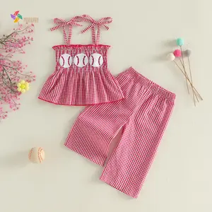 2 Piece Toddler Girl Baseball Outfit Embroidered Plaid Tie Shoulder Ruffled Smocked Tops And Wide Leg Pants Set