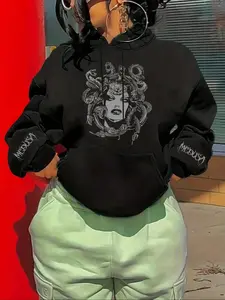 Women's Hooded Drawstring Sweatshirt, Medusa Print, Mouse Bag Pocket, Comfortable Chic Casual Everyday Wear, Fall & Winter Fashion