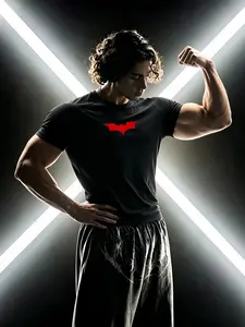 Men's Batman Print Gym T-Shirt, Sporty Slim Fit, High Elasticity Quick-Dry Breathable Fabric, Ideal for Fitness Enthusiasts