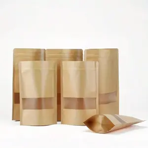 50 reusable yellow kraft paper vertical bags with frosted windows and self-adhesive seals - high-quality plastic storage bags suitable for supermarkets, small businesses, and packaging supplies.