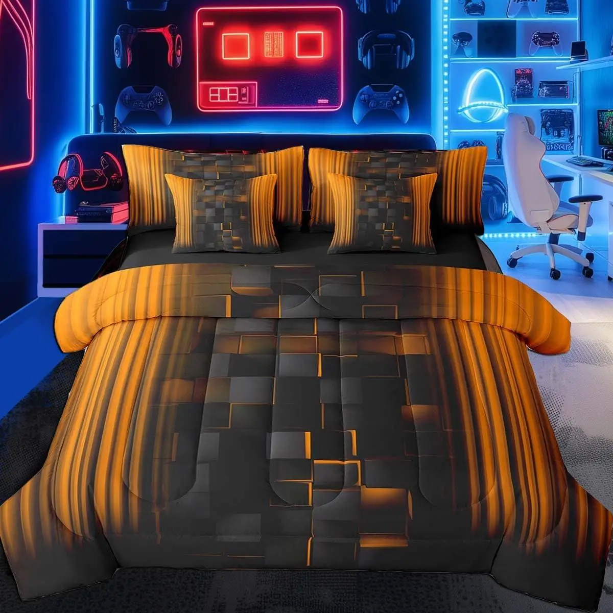 Orange and Black Comforter Set with Sheets 7 Piece Ombre Bedding Set Square Bed in a Bag Ombre Effects Bed Set with Comforter,Sheets,Pillowcases