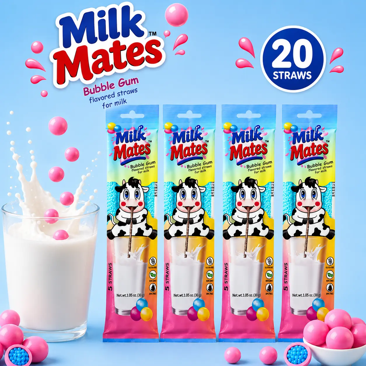 Bubblegum Milk Mild Flavor Straws for 7 oz Glass of Milk– 20 Straws Total (4 Packs, 5 Straws Each), Milk Enhancer Straws for Kids & Adults, No Powder, No Mess, Fun & Easy Way to Enjoy Milk