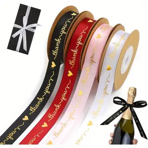 4 Rolls  Thank You Ribbons for Gift Wrapping - 3/5" x 40 Yards Polyester Satin Ribbon with Elegant Cursive Script & Heart Accents,  (Black, Golden, Red, Pink) for Birthdays, Weddings, Flower Bouquets, Party Decorations, Decorative Accents