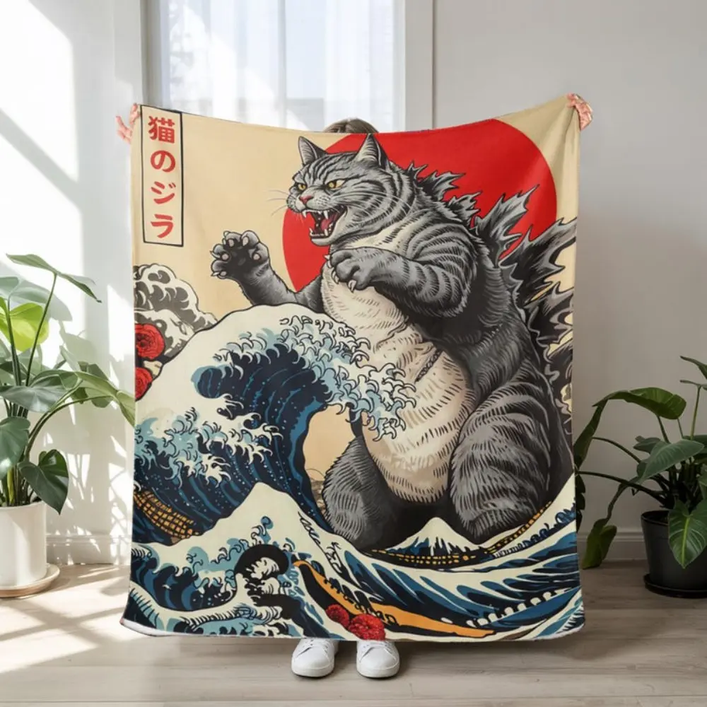Funny Godzilla Cat Fleece Blanket - Japanese Print Wave Kitty Art, Super Soft Flannel, Fading Proof, Modern Glam Living Room Decor, Home & Travel Use for Sofas, Beds