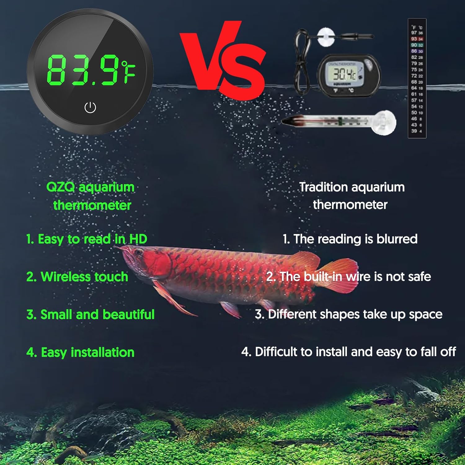 Fish Tank Thermometer Aquarium Thermometer Wireless Touch Stick Digital Aquarium Thermometer LED Display ±1°F for Monitoring The Fish Tank Aquarium Temperature Accessories (Black)