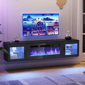 Floating TV Stand with 36" Electric Fireplace High Gloss Finish Wall Mounted Entertainment Center for TVs Up to 80" Black TV Stand and Fireplace