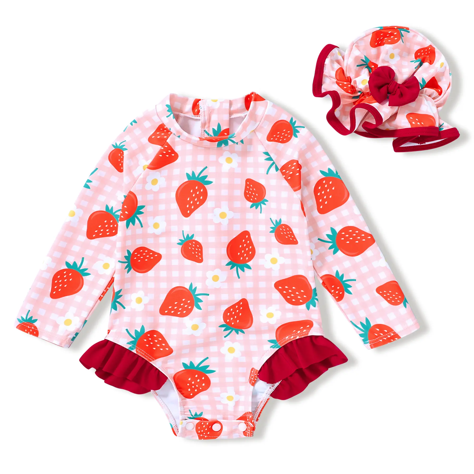 Younger Tree Baby Girls' Long-Sleeve Swim Kit, Polyester Zipper-Closure Sun Protection Swimwear Set with Hat, Toddler UV Sunsuit