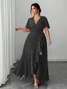 Plus Size Women's Casual Polka Dot Waist Cinched Long Dress, Irregular Hem Design, Perfect for Vacation or Travel
