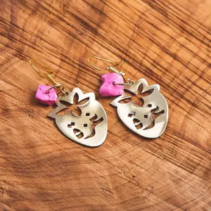 Gaza in Arabic Calligraphy on Gazan Strawberries | Hand Carved Brass Earrings