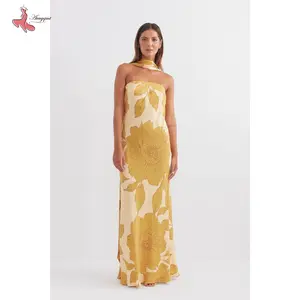 Women's Strapless Long Dress Floral Print BacklessFit Tube Dress with Scarf