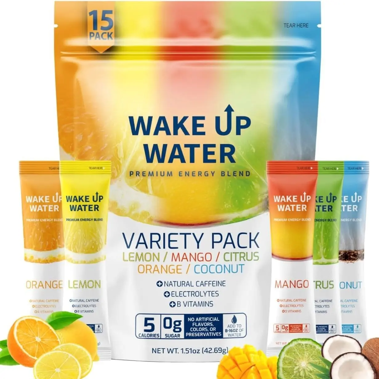 Wake Up Water Energy Drink Mix, Sugar Free Clean Energy Powder with Electrolytes & B Vitamins, Natural Caffeine for Focus & Hydration (15 Pack) - Variety