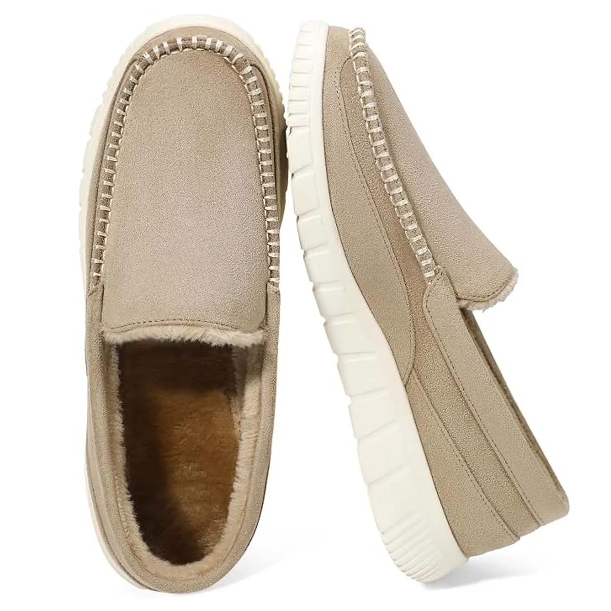 Men's Faux Suede Moccasin Slippers with Plush Fleece Lining and Non-Slip Rubber Sole, Comfortable Indoor Outdoor Slip-On Shoes
