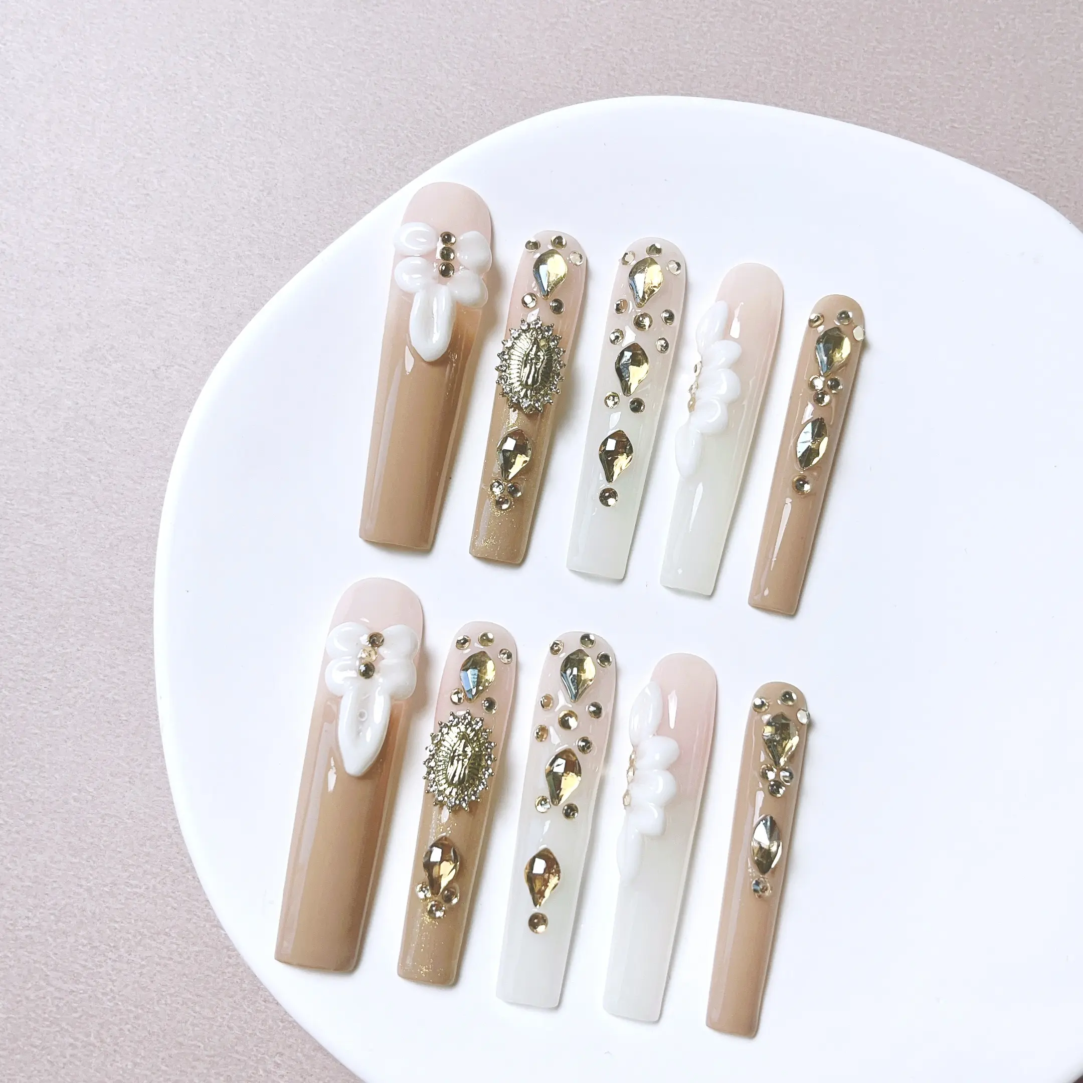 nailrosy Press On Nails, 10 Pcs Reusable Handmade Acrylic Nails, Long Stiletto with 3D Floral Design, Exact-Fit DIY Manicure Kit for Women, Acrylic Press On Nails