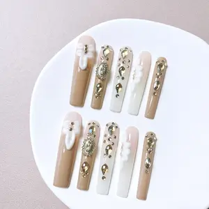 Nailrosy 10Pcs Reusable Handmade Acrylic Press-On Nails - Long Stiletto, 3D Floral Design, Exact-Fit DIY Set with Tool Kit & Box, Festival & Party Nail Art Accessories