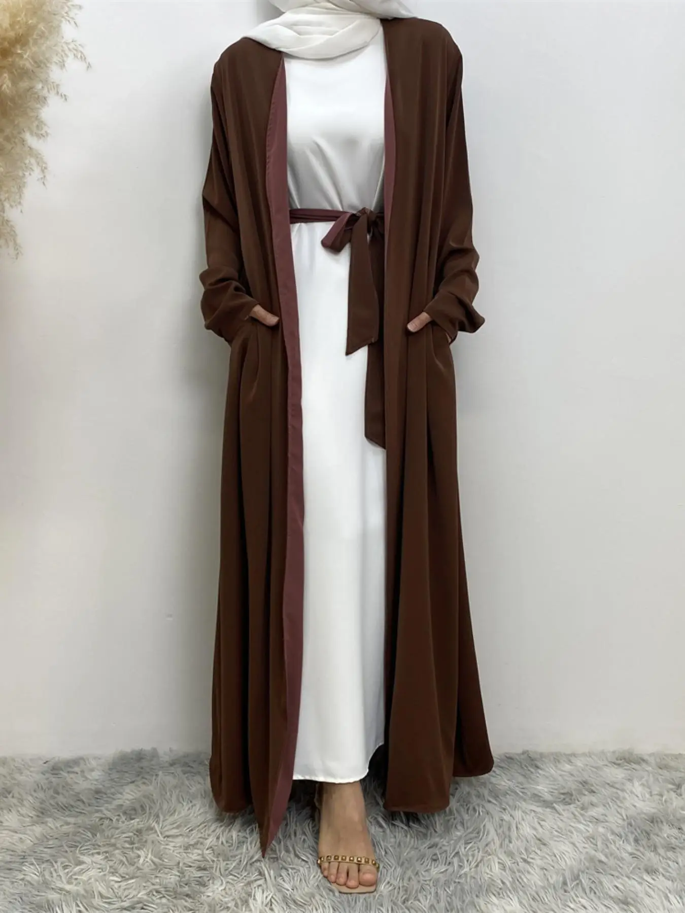 Women's Solid Color Open Front Robe, Casual Long Sleeve Belted Robe for Daily Wear, Ladies Islamic Clothing for All Seasons