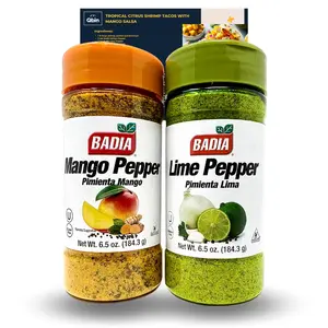 Badia Mango & Lime Pepper - 6.5 oz Each - Premium Spice Duo - Tropical Sweet & Spicy Blend for Grilling, Cooking & Seasoning - QBIN Recipe Card - Variety Pack Of 2 Flavor Natural Mangga