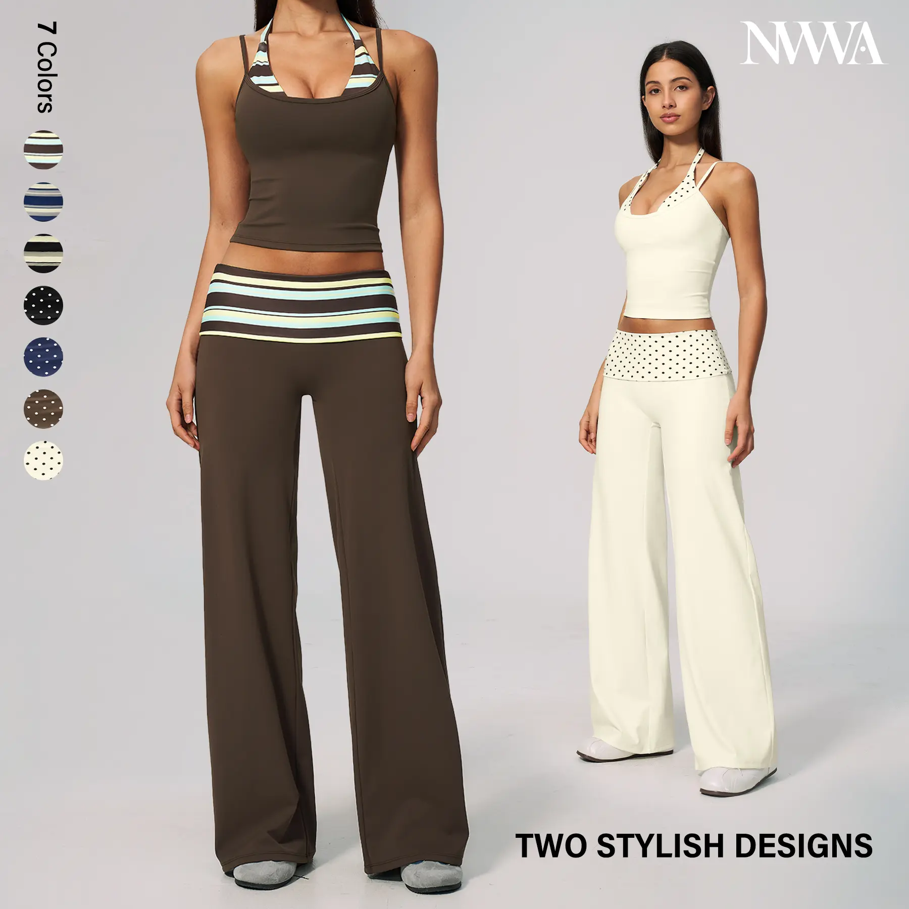 NVWA Women's 2-Piece Casual Athletic Set Ultra-stretchy, breathable & comfy yoga wear, featuring halter spliced striped/polka dot tops and high-waisted hip-lifting ruched wide-leg pants. Ideal for Pilates, gym training and daily outfits