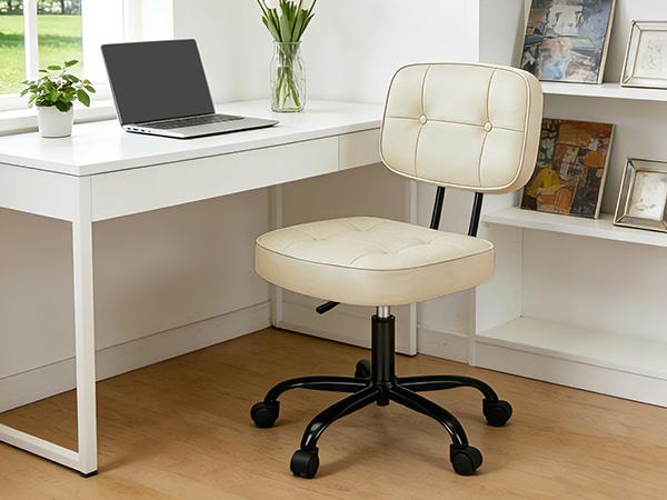 Armless Computer Chair with Lumbar Support – Ergonomic Low Back PU Leather Desk Chair – Height Adjustable, 360° Swivel Rolling Wheels – White, Space-Saving for Small Office
