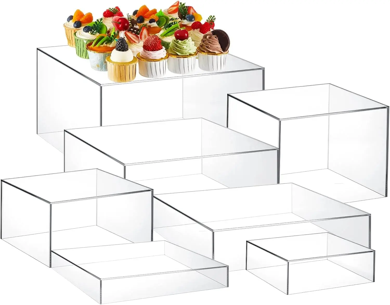 Clear 7-Piece Square Acrylic Buffet Risers Set, 6"-12" Height Hollow Bottom Display Stands for Catering Dessert Table Supplies & Decorations