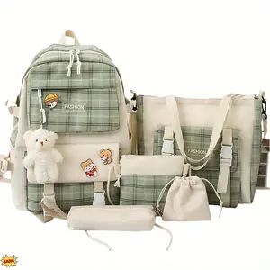 Cute Plaid Cartoon Canvas 5 Piece Set School Bag Large Capacity Casual Minimalist Backpack Women Travel Makeup Pouch Stationery Wallet Crossbody Tote Bag No Bear Charm