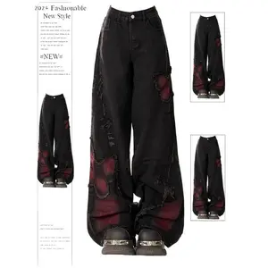 Women's loose butterfly jeans retro 90s aesthetic denim pants black gothic clothing