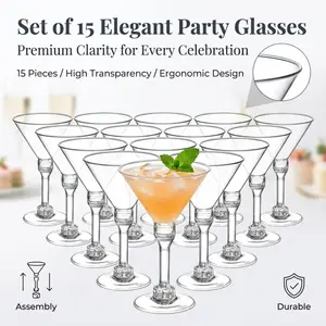 15 detachable clear plastic martini glasses, reusable and stackable, perfect for party, bar, and wedding drinks service.