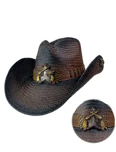 Austin Handmade Handmade Straw Cowboy Hat, Western Style Leather Band, Country Concert Cowgirl Soft Brown Straw Hat, Sheriff Star and Pistols Concho Straw Hat, Bullets Straw Hat, Cowboy Straw Hat, Cowgirl straw Hat, Billy Mack Straw Hat.