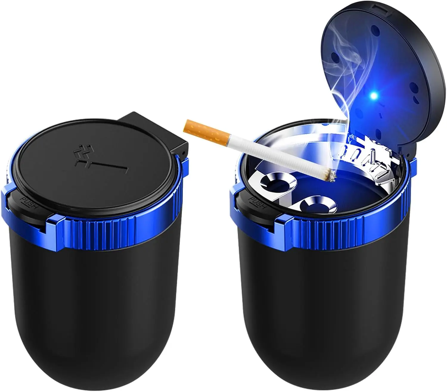 1pc Car Ashtray with Lid Smell Proof, Detachable Stainless Smokeless Ash Tray with LED Blue Light, Portable Mini Car Trash Can, Windproof Auto Ashtray Cup Holder for Car Home Outdoor Travel