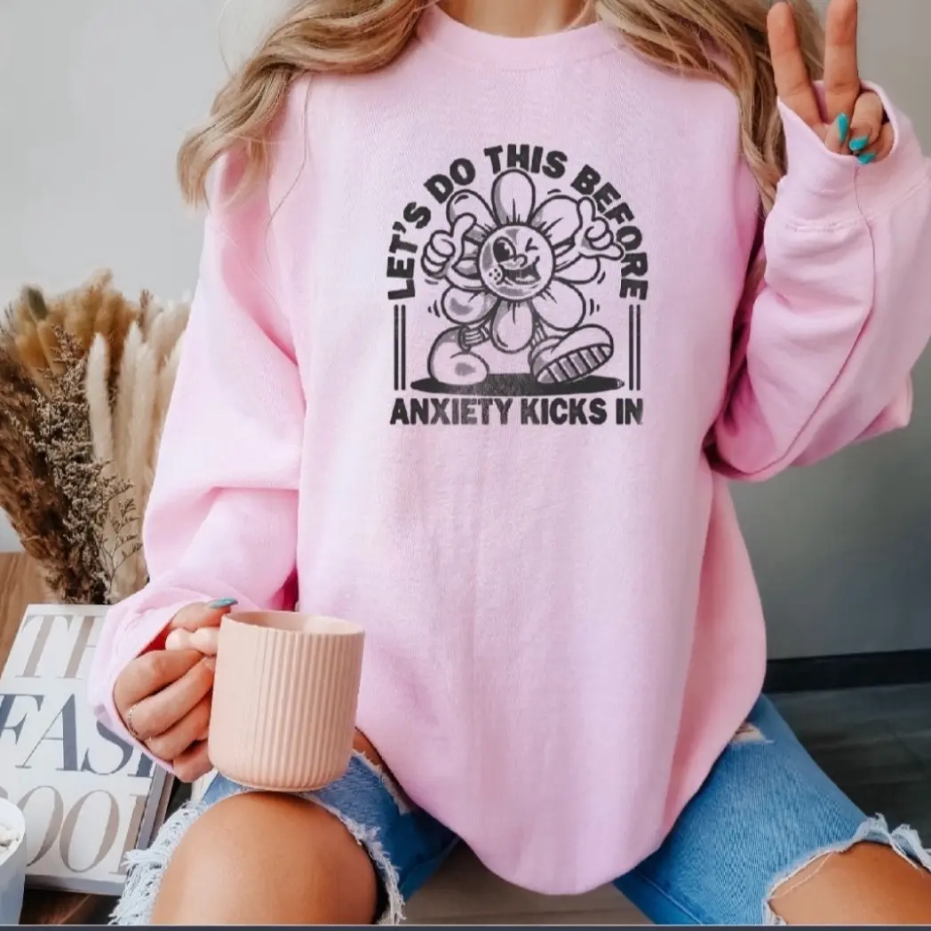 Anxiety Crewneck Sweatshirt Women's Pullover Tops Pink Long Sleeve Comfortable Autumn Sweatshirt with Funny Graphic Print Womenswear Cute Everyday Hoodie Casual Winter