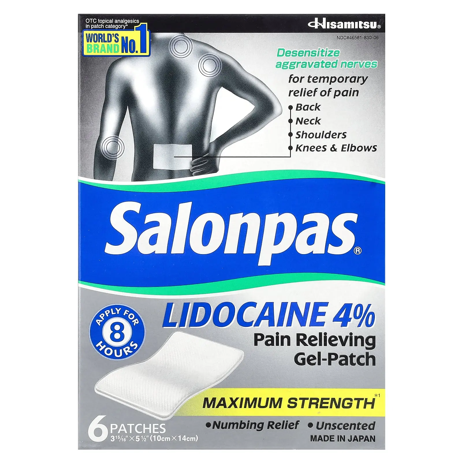 Salonpas Lidocaine 4% Pain Relieving Gel-Patch, Maximum Strength, Unscented, 6 Patches | HSA/FSA Eligible
