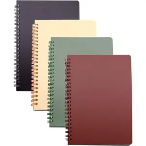 Spiral Notebook, 4 Pcs 8.3 Inch x 5.9 Inch A5 Thick Plastic Hardcover 8mm Ruled 4 Color 80 Sheets -160 Pages Journals for Study and Notes (style 10-Wine Red,Brown,Green,ivory, A5)