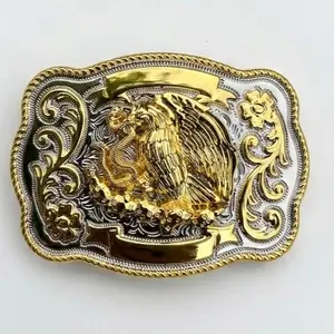 Escudo Mexicano Belt Buckle Golden and Silver Tones  Mexican Eagle Western Hebilla for Charro & Vaquero Belts 4x3 inches