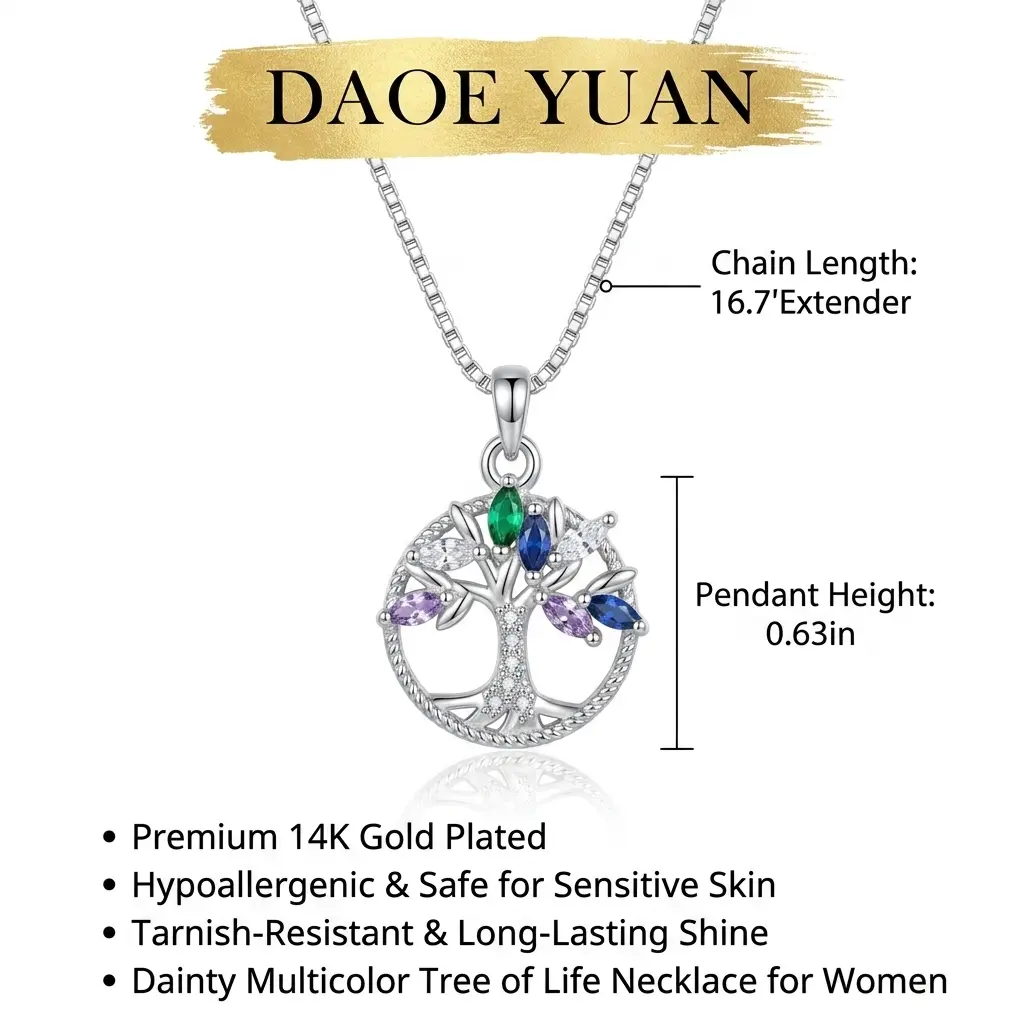Silver Colorful CZ Tree of Life Necklace, Family Bond & Growth Symbol Jewelry for Daily Wear & Meaningful Gifting