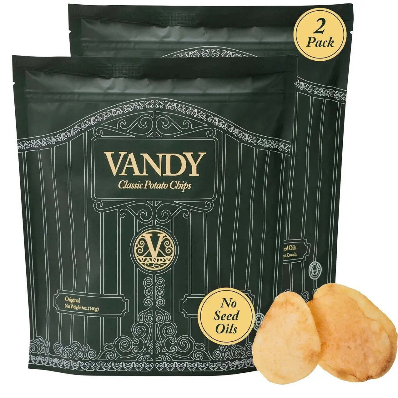 Vandy Crisps Potato Chips - Vegetable & Seed Oil Free Snacks - Gluten Free Potato Chip - Healthy Chips Made with Potatoes, Grass-Fed Beef Tallow, and Sea Salt - 2 Pack, 5 Ounce Each (Original)