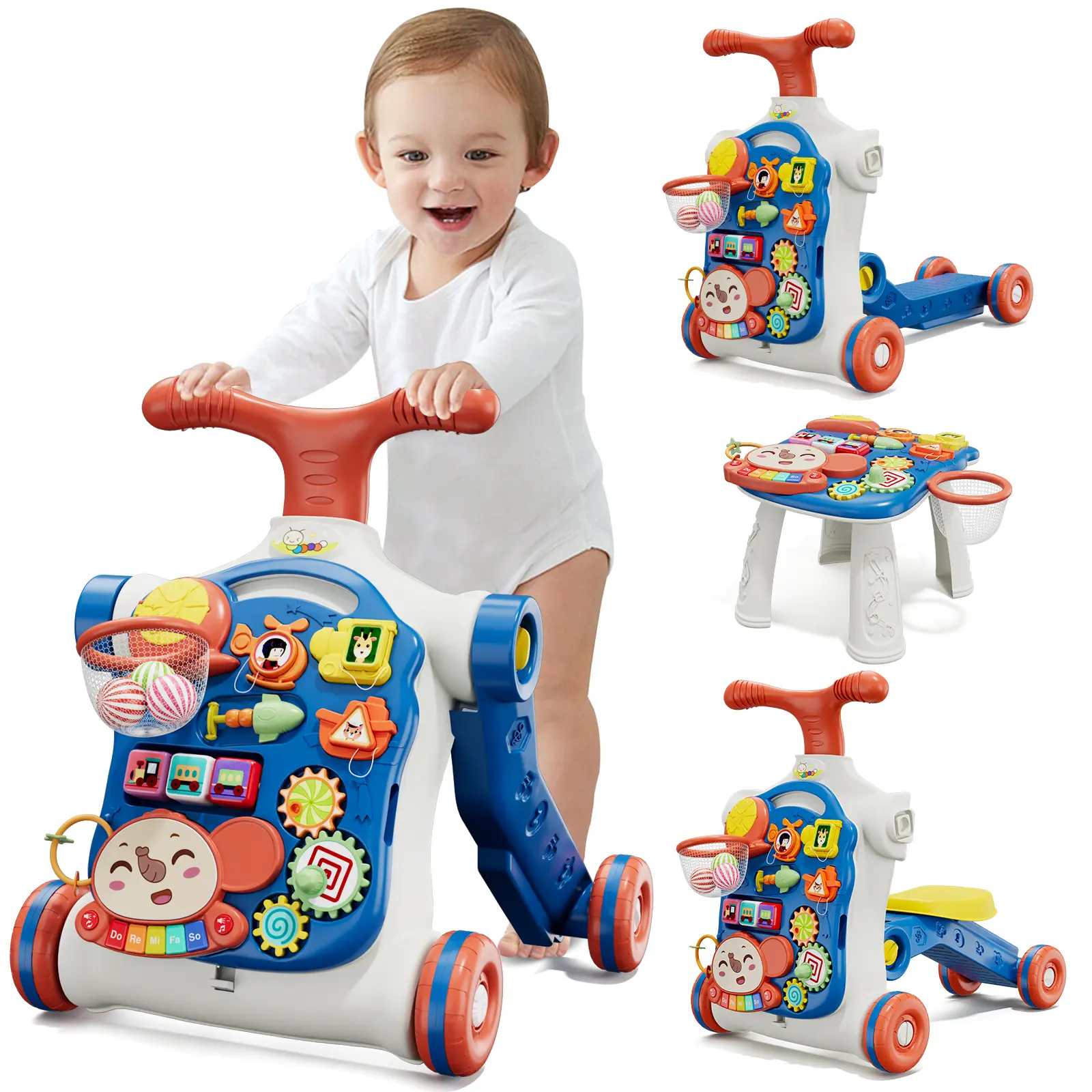HYES 5-in-1 Baby Push Walker - Sit-to-Stand Activity Center, Early Learning Push Toy, Toddler Walking Helper for 12+ Months Infants (Blue, Red)