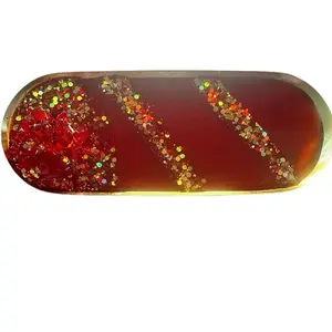 Red Gold Oval Stainless Steel Resin Tray with Quartz Cluster - Glam Vanity, Perfume, Candle & Jewelry Tray - Handmade with Reflective Gold Glitter & Holographic Sparkle