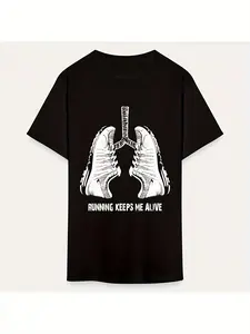 Men'S Running Motivational Lung Pattern T-Shirt - Running Keeps Me Alive Design T-Shirt, Comfortable for All Seasons, Breathable Round Neck Short Sleeve Casual Sports Top