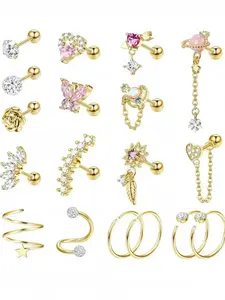 Trendy 18 Pcs Golden Cartilage Earrings Stylish Stainless Steel Stud Earrings Hypoallergenic Post Earrings for Women Men Sweet Flower Heart Leaf Hypoallergenic Screw Back Earrings CZ Tragus Couch Helix Piercing Jewelry Set