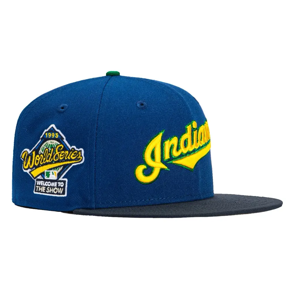 Cleveland Indians Baseball Cap New Era 9FIFTY Snapback Hat MLB Flat Brim Cap 1995 World Series Welcome To The Show Embroidered Indians Script Logo Adjustable Snapback Unisex Sports Headwear Streetwear Premium Quality Limited Edition