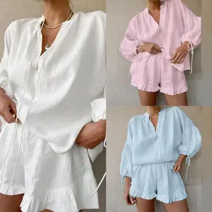 Women Summer Shorts Outfits Solid Color Long Sleeve Tie-Up V-Neck Shirts Tops Elastic Waist Shorts 2 Pieces Clothes Set