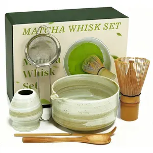 6 Pieces Complete Matcha Whisk Set, Traditional Japanese Matcha Tea Kit with Bamboo Whisk, Ceramic Bowl, Sifter, Scoop and Spout Bowl, Home Tea Accessories