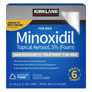 Kirkland Signature Minoxidil 5% Foam for Men – Hair Regrowth Treatment – Extra Strength Topical Aerosol – Unscented – Choose 1 Pack to 6 Pack (2.11 oz Each)