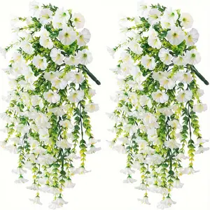 4 Piece Artificial Hanging Flowers Outdoor, Silk Morning Glory Fake Plants with Eucalyptus Leaves, UV Resistant Realistic Hanging Plants, Artificial Flower Set