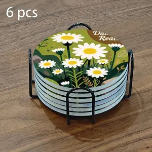 6-piece ceramic coaster set, featuring a lively daisy kingdom illustration, heat-resistant and non-slip coasters with holders, perfect for home, dining, and beverage decoration.