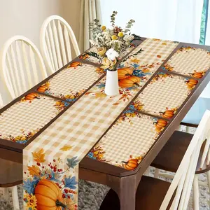 1 piece/4 piece/5 piece set/7 piece set, autumn Thanksgiving pumpkin harvesting checkered pattern decoration table runway+placemat set, holiday family gatherings, kitchen desktop accessories, indoor and outdoor celebration decoration